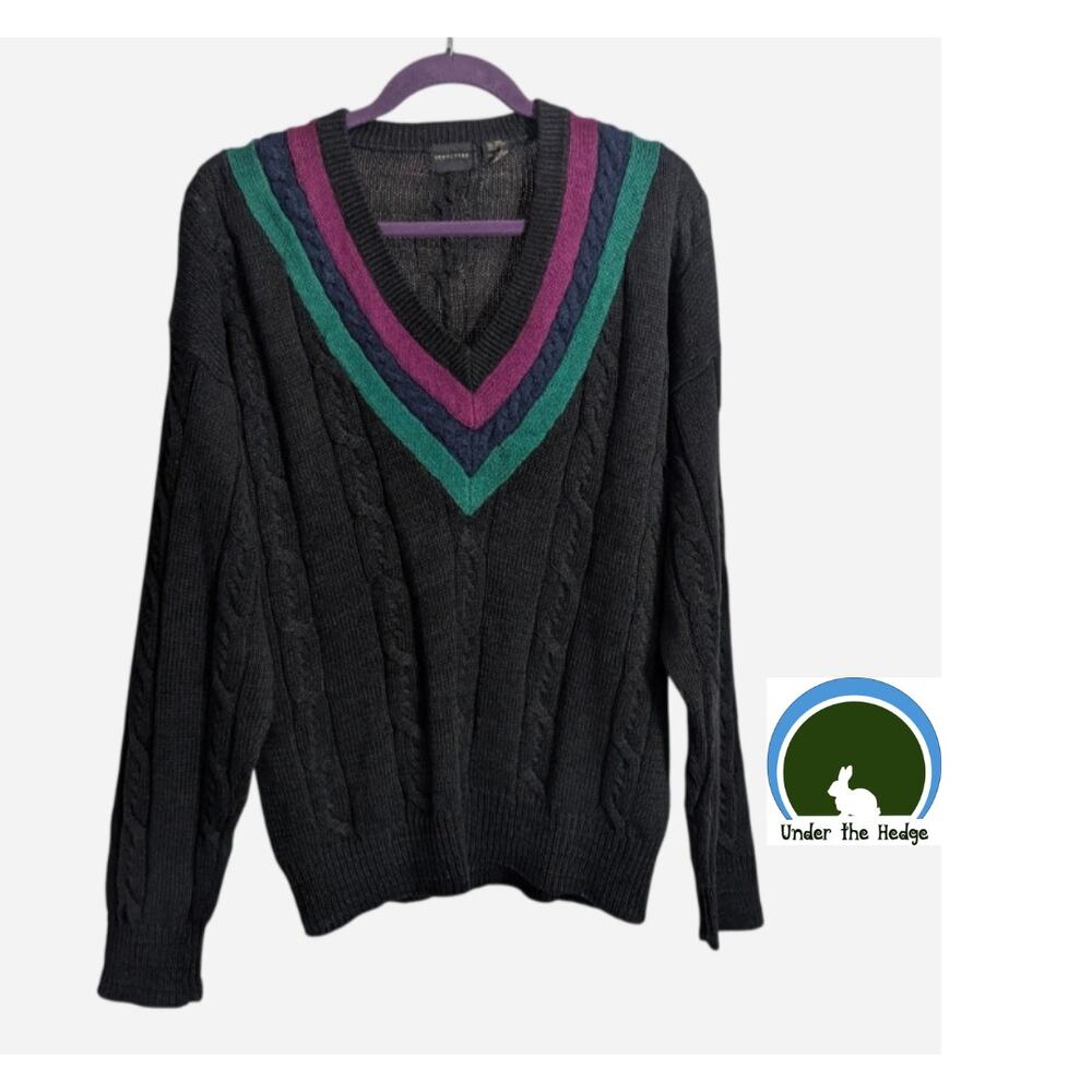 Vtg Structure Black Cable Knit V-Neck Sweater Men's Large Cotton Blend Preppy